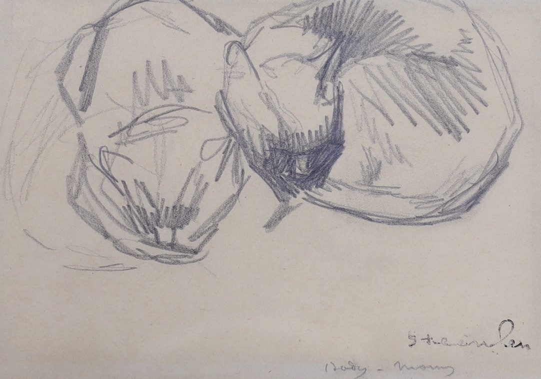 Théophile Alexandre Steinlen (1859-1923), two pencil drawings, Two cats sleeping side by side and Studies of a cat and a nude, studio stamps, retailed by Sladmore Gallery, 13.5 x 19.5cm and 13 x 20cm